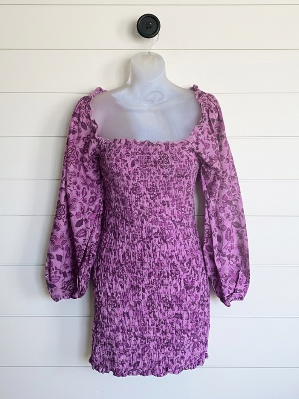 Free People Smock It to Me Mini Dress XS Purple Floral Boho Cotton